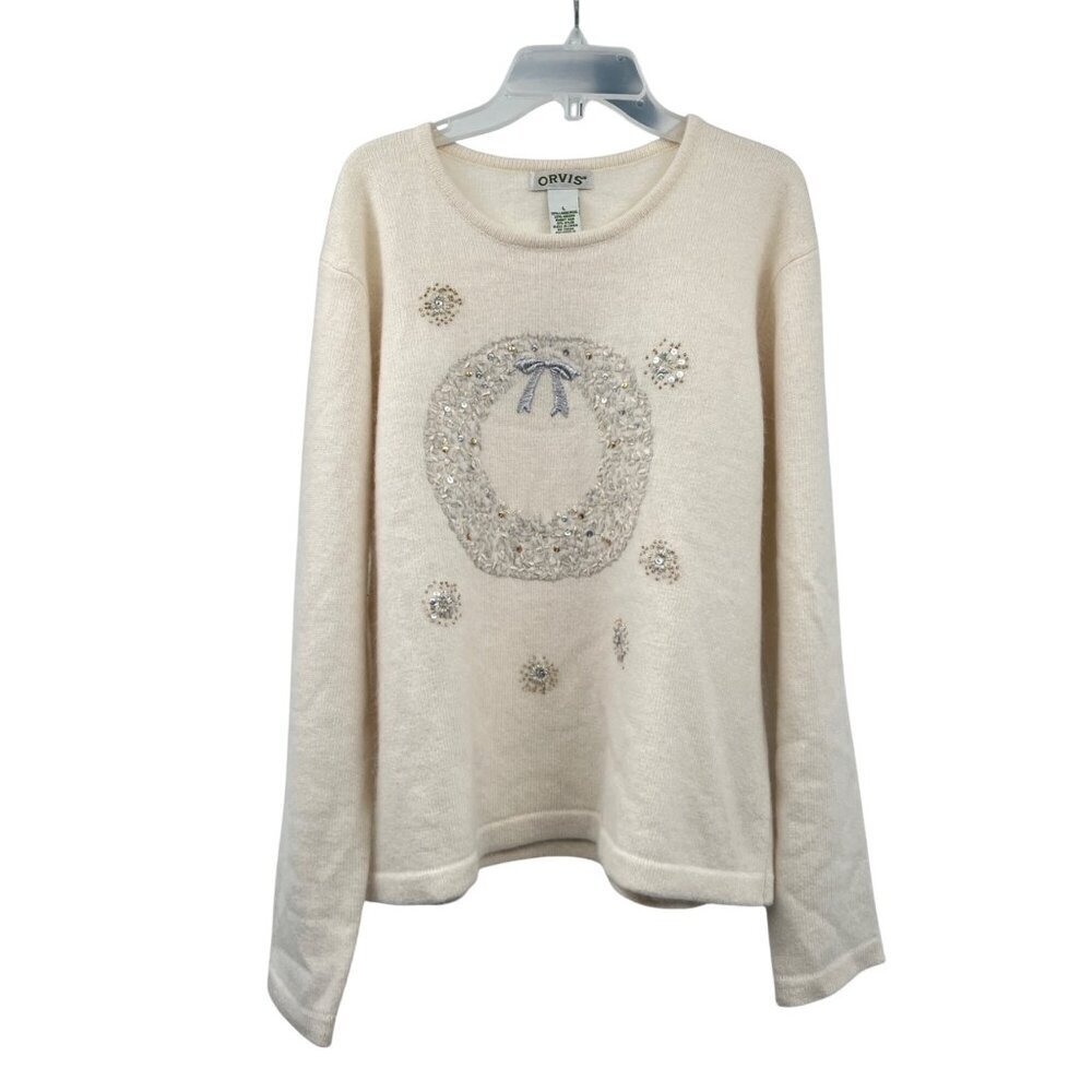 Orvis Womens Lambswool Blend Sweater Embellished Wreath Cream/Multi Size Large